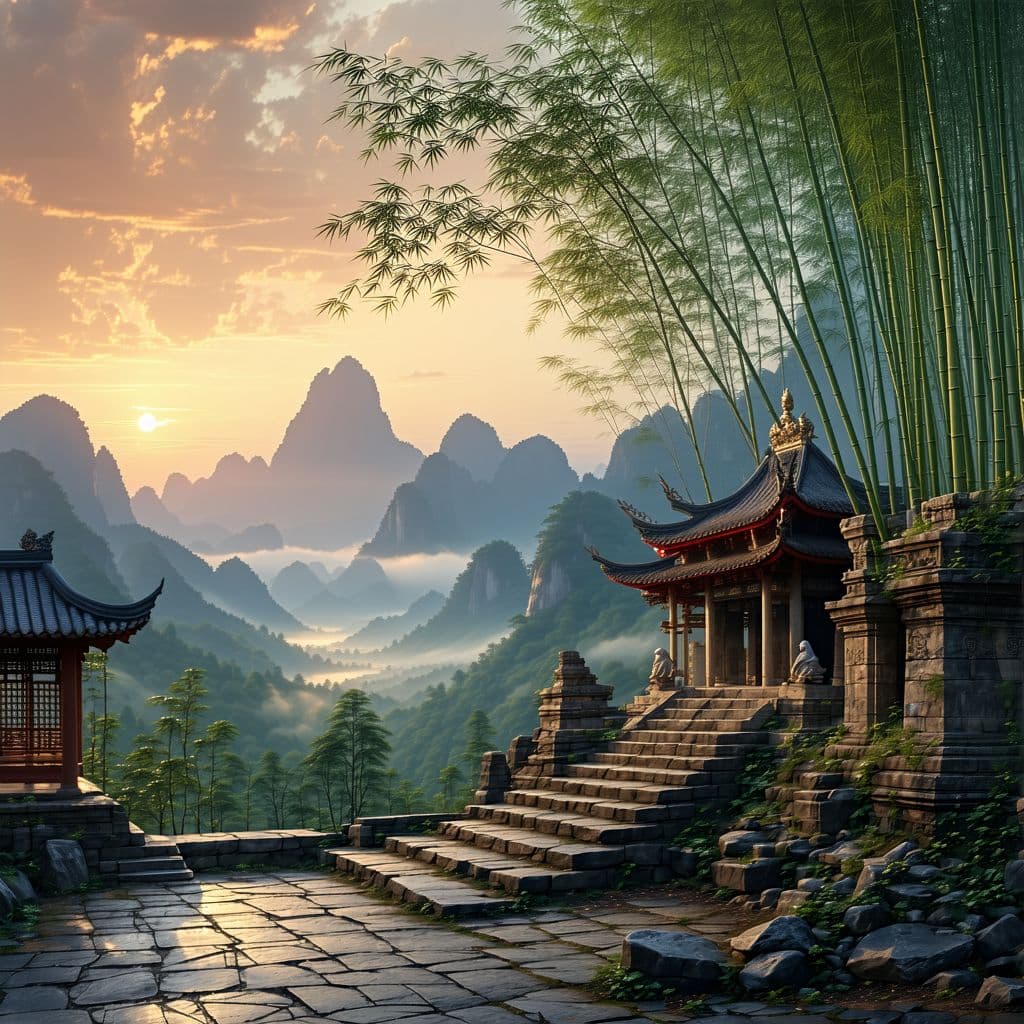 AI generated: "Envision an awe-inspiring view of the Harum Temple, surrounded by majestic mountains and a serene v...