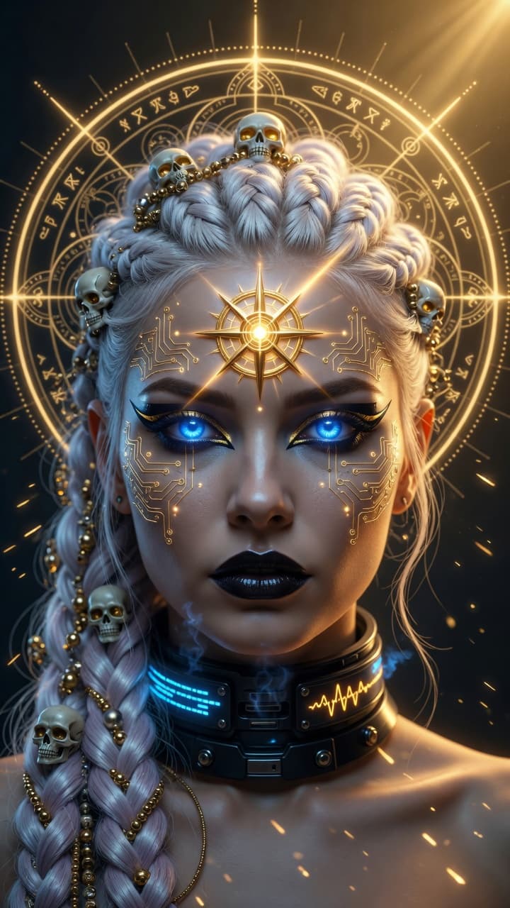 AI generated: "Close-up portrait of a stunning cyberpunk woman with light skin and piercing glowing bright blue ey...