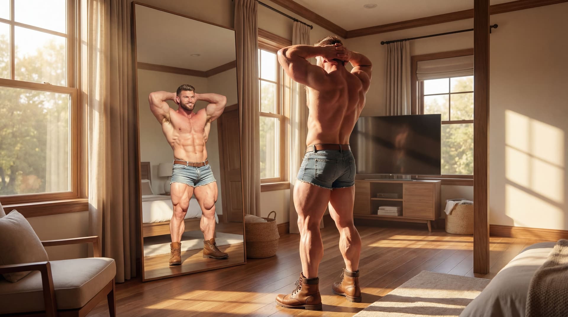 AI generated: At a large bedroom with a t.v. across the bed in a sunny afternoon. The model is shirtless, he is lo...