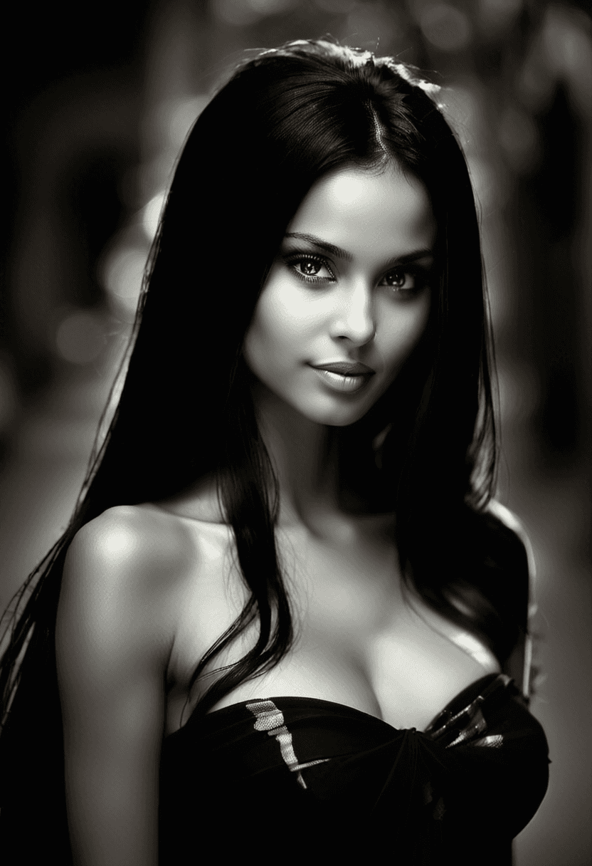 AI generated: monochrome exotic woman, alluring, naturally beautiful, no makeup, long dark hair, smirking at the v...