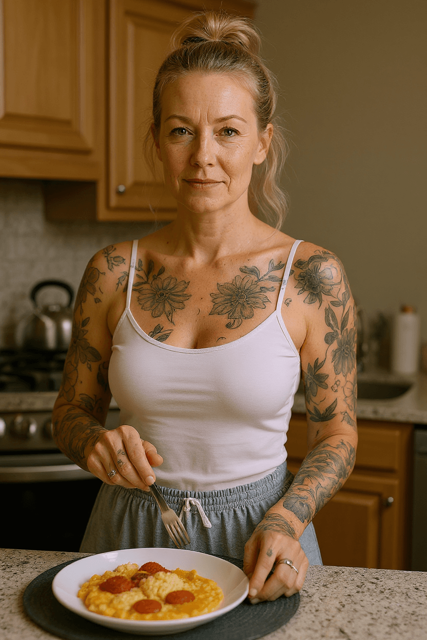 AI generated: Medium close-up, photograph of, a woman with her blonde hair in a bun cooking breakfast in her kitch...