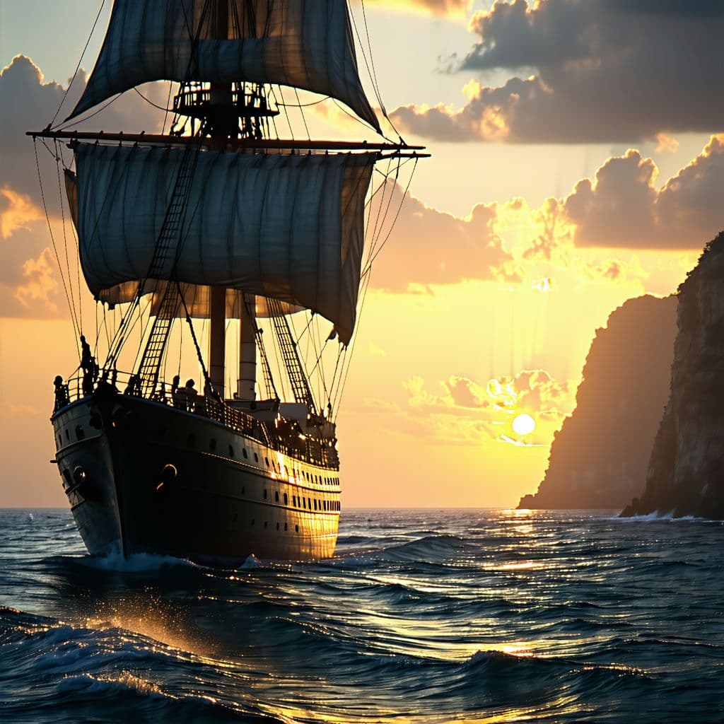 AI generated: Photo of a ultra realistic sailing ship, dramatic light, pale sunrise, cinematic lighting, battered,...