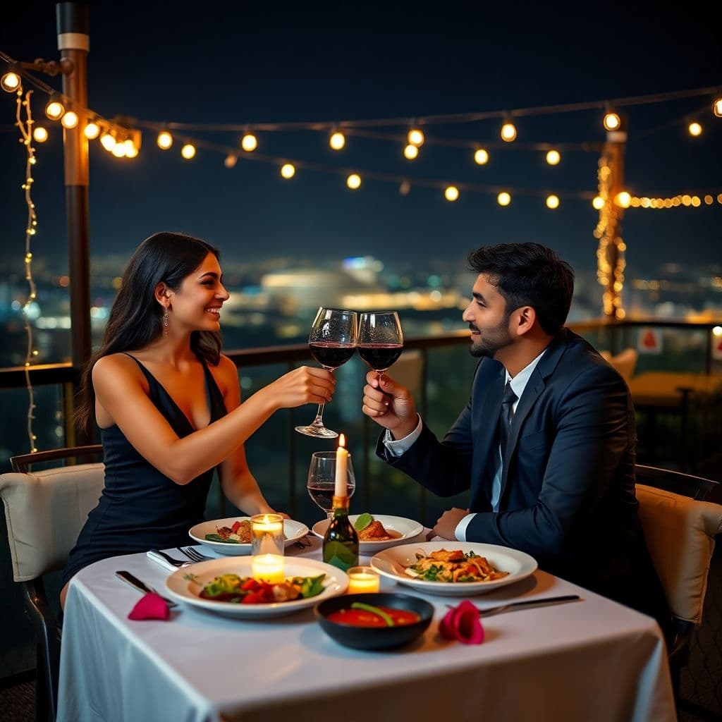 AI generated: A glamorous evening shot of a indian couple dining al fresco at a resort's rooftop restaurant. The w...