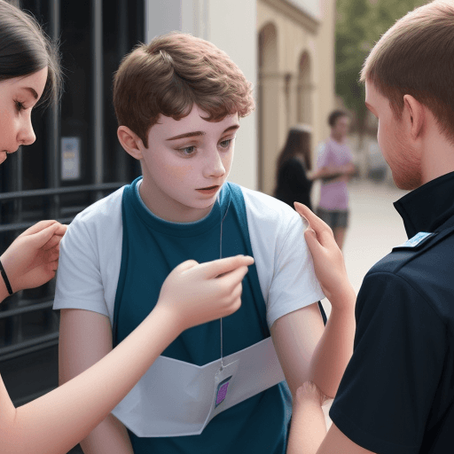 AI generated: Young charity worker helping people around him and making them calm