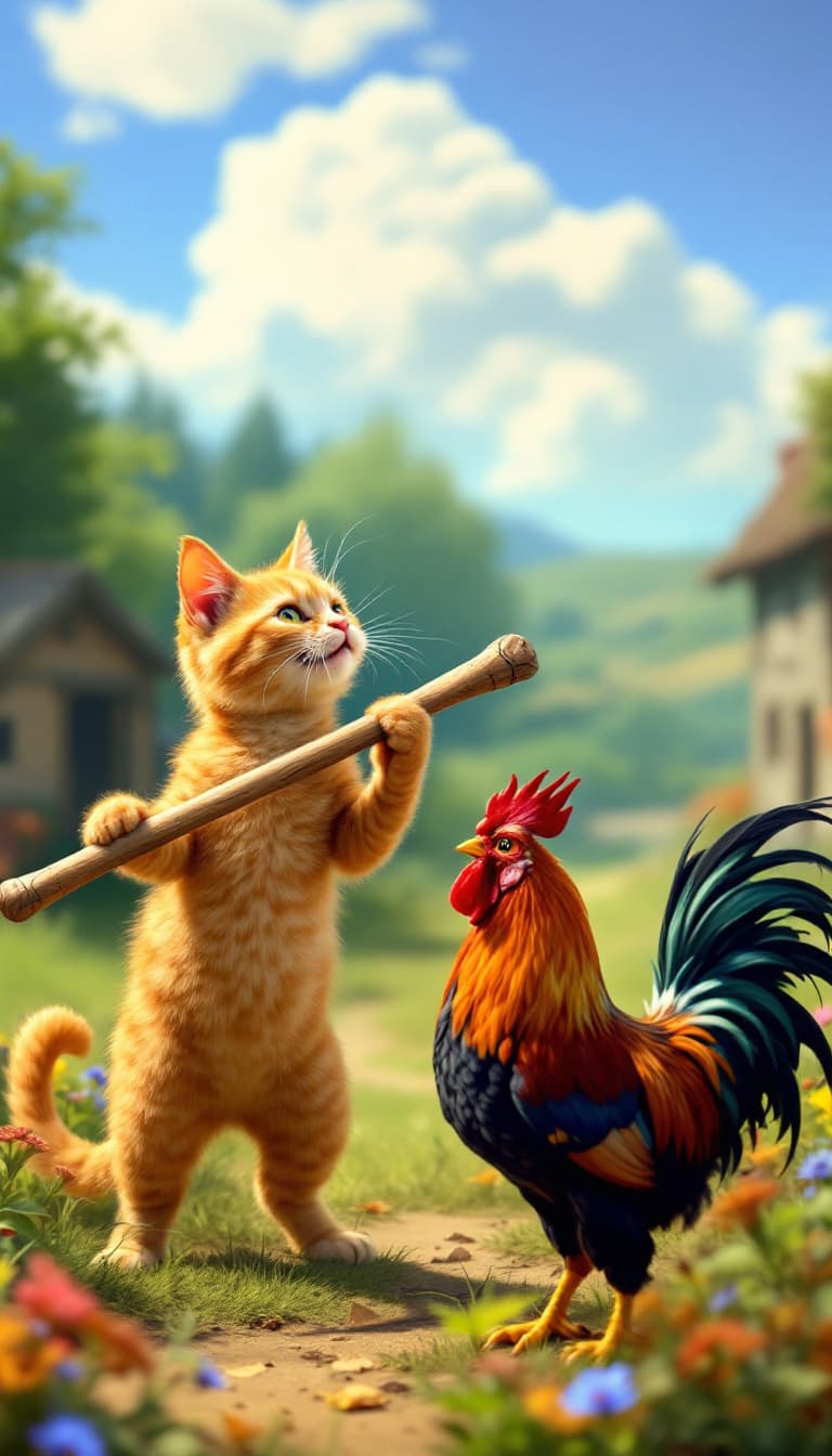AI generated: A whimsical scene in the sunny countryside with an orange tabby cat and a rooster. The orange tabby ...