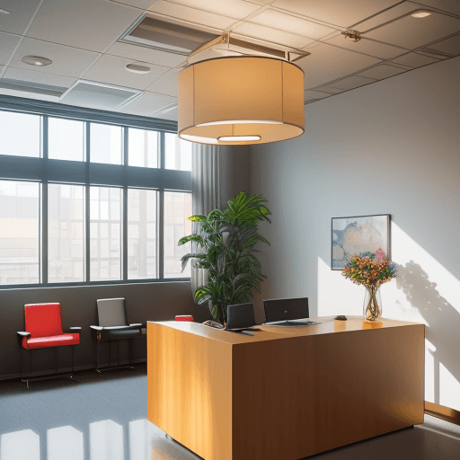 AI generated: casual reception area, desk with colorful accents pendant light, Nikon Z9, illuminated by natural li...