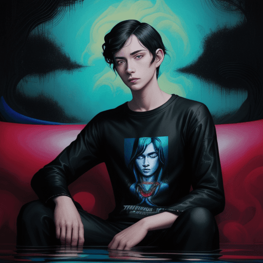 AI generated: A young nobleman wearing a black lon tshirts sitting by the water, in the style of casey weldon, ben...