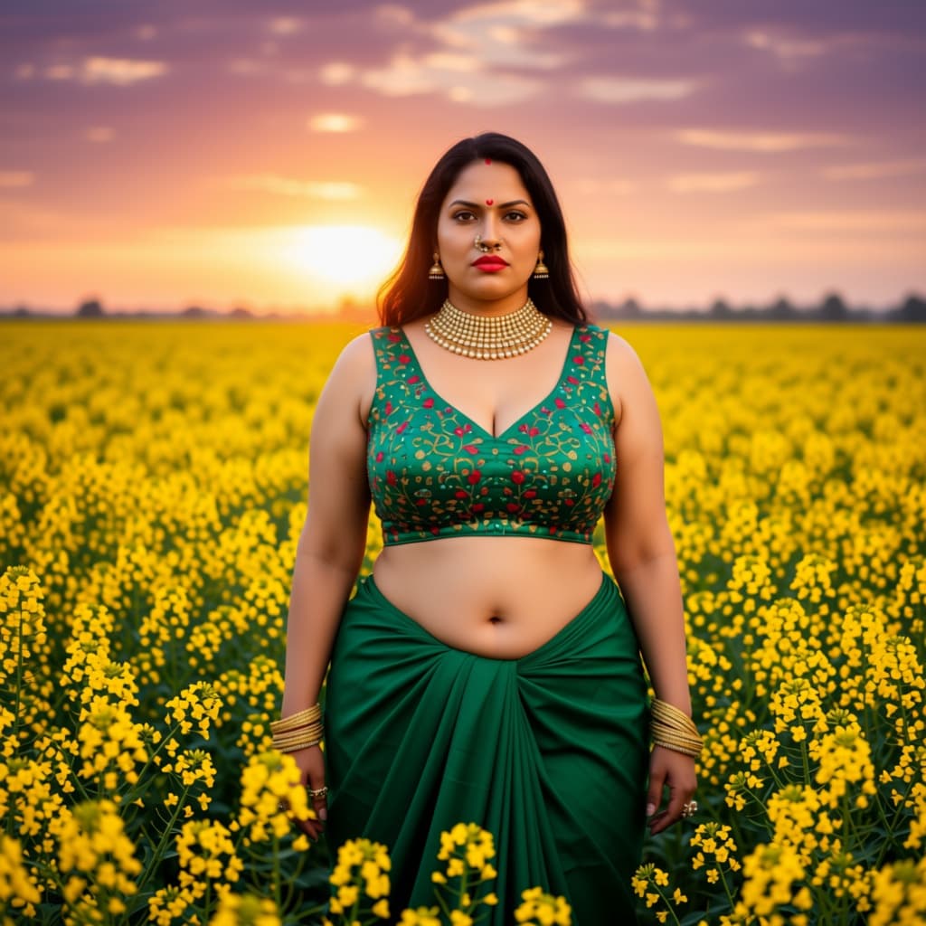 AI generated: An open mustard field at sunset. Prompt: A full-body shot of a 32-year-old fair-skinned Indian woman...