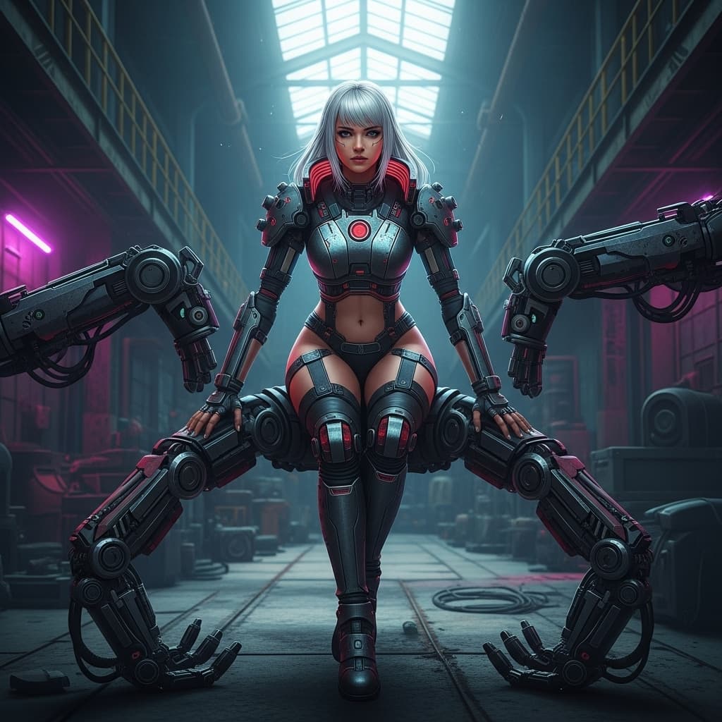 AI generated: A full-body FRONT VIEW of a beautiful Mexican woman with sleek white hair and silver bangs, sitting ...