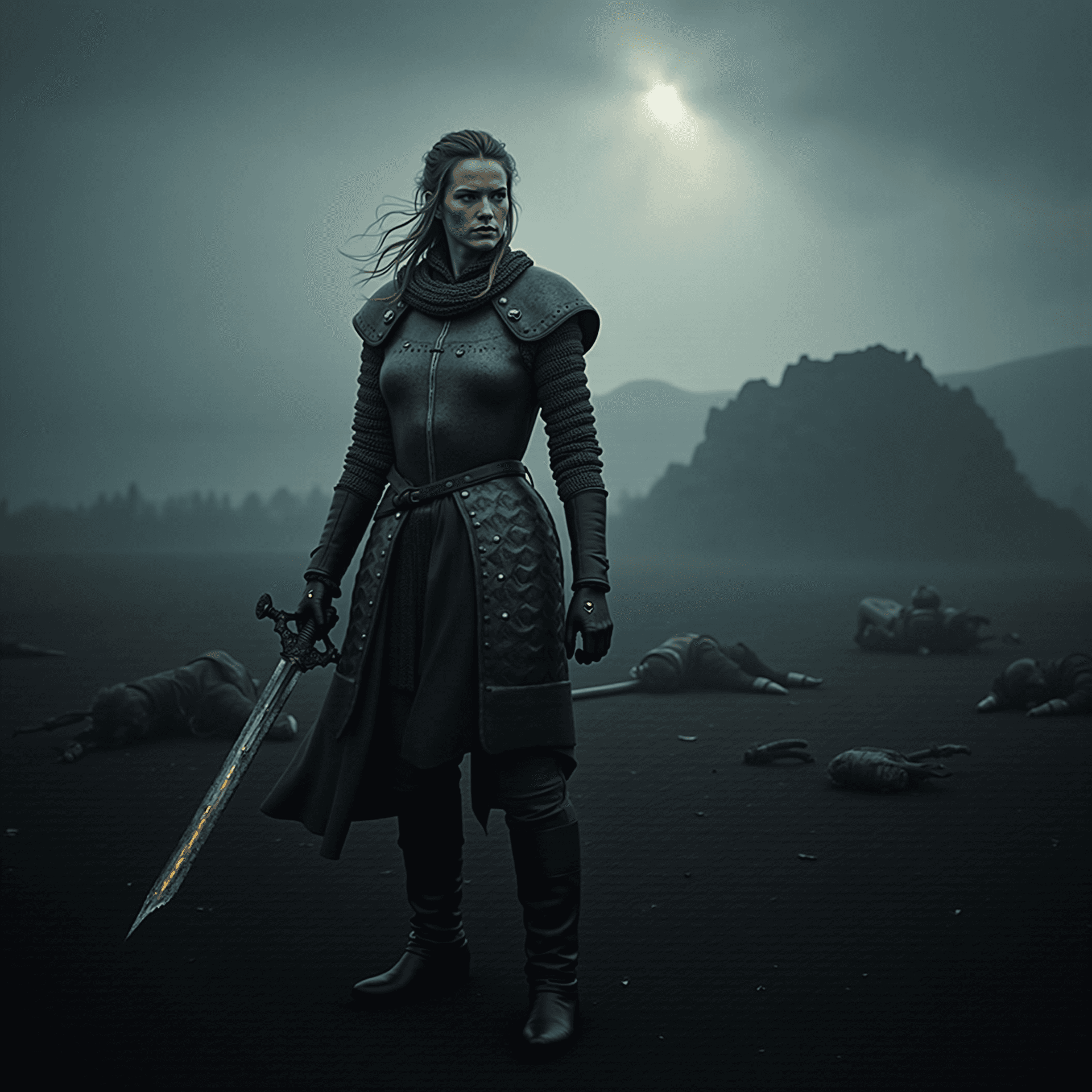 AI generated: A cinematic, realistic woman in early medieval armor stands alone on a mist-covered battlefield afte...