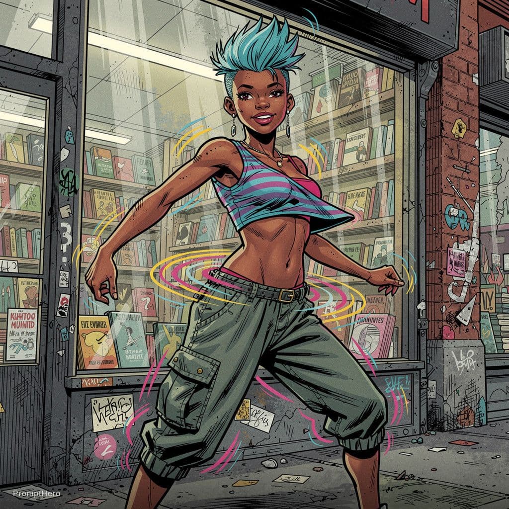 AI generated: Akan-Chokwe female playful dancer 24-year-old with short spiky cerulean hair, asymmetric crop top, c...