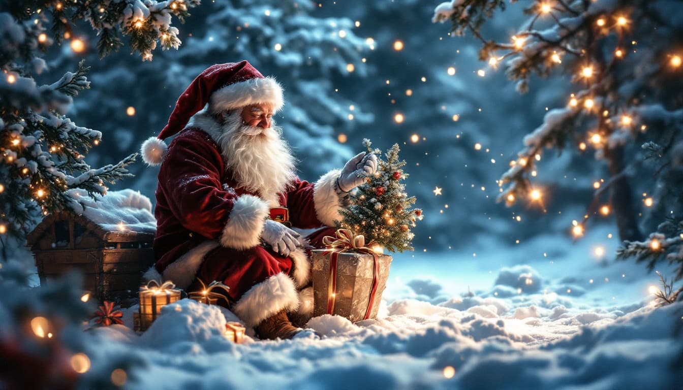 AI generated: le père noël pratiquant le taïchi dans la neige , univers féerique , lumineux ambiance noël et fêtes...