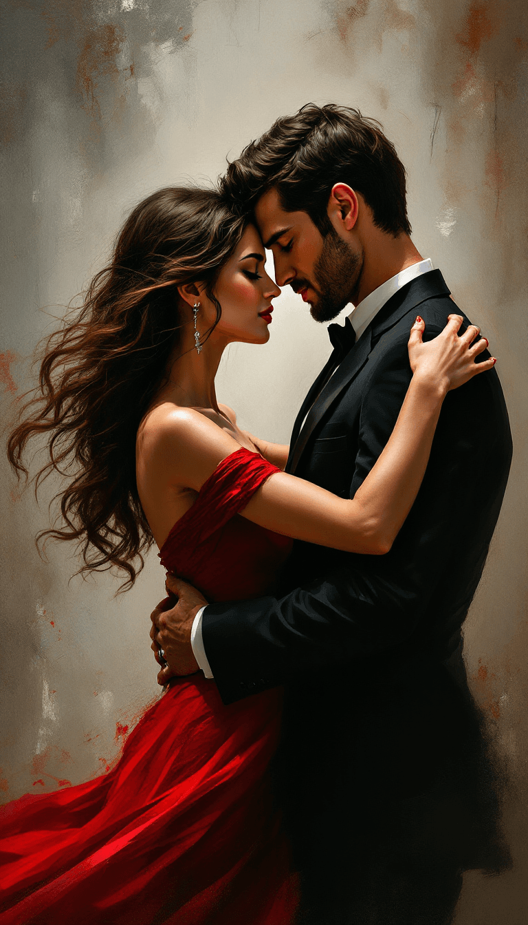 AI generated: A passionate couple embraces closely in a romantic dance, locked in a deep, emotional moment. The wo...