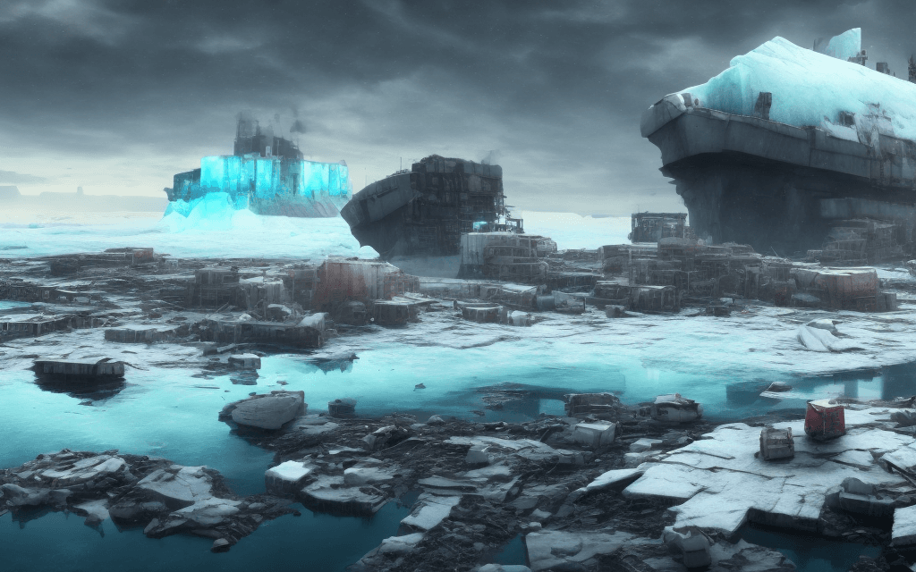 AI generated: landscape, post-apocalyptic, cyberpunk, polar bear, in a floating iceberg, in front of nuclear waste...
