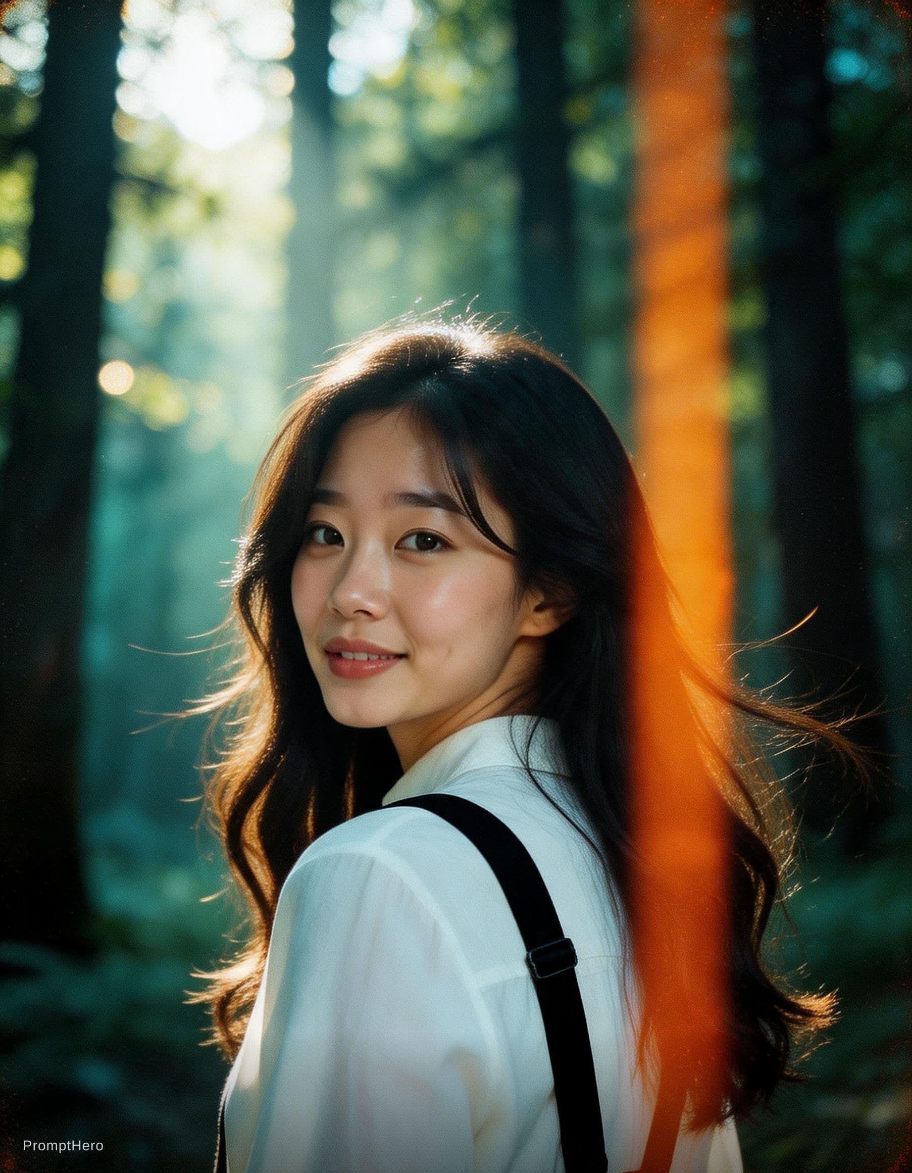 AI generated: A cinematic portrait of an Asian woman standing in a quiet forest, captured in a spontaneous moment ...