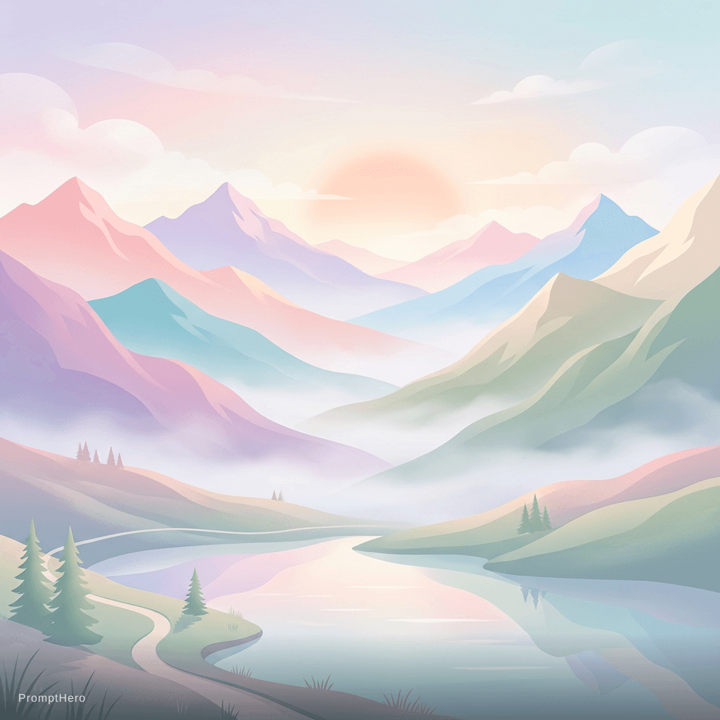 AI generated: minimalist mountain landscape, soft pastel colors, misty valleys, calm and peaceful