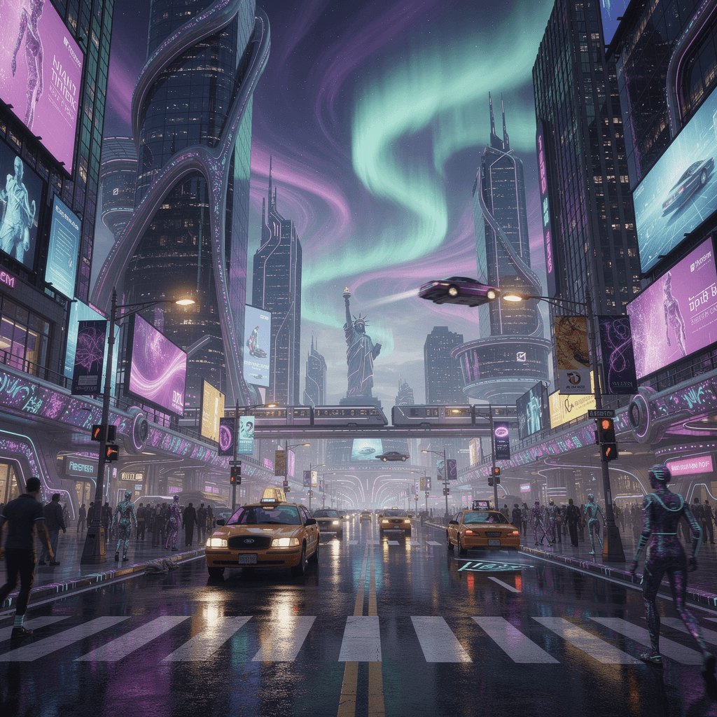 AI generated:  surreal, psychedelic New York City in the year 3,000. high detail. Photo realistic. Deep color.