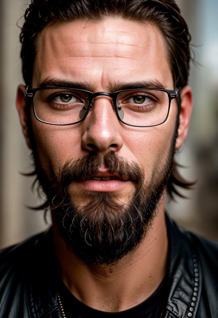 AI generated: an ultra-realistic portrait photograph of a masculine motorbike rider with glasses, a detailed beard...