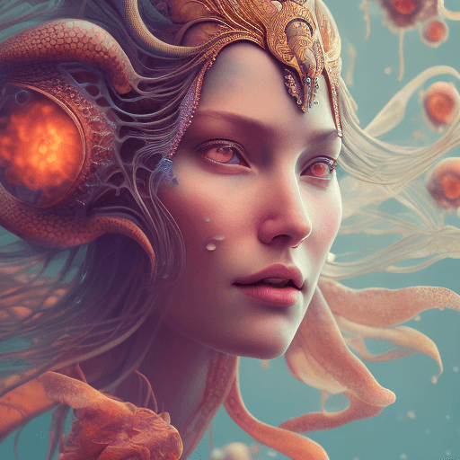 AI generated: Goddess close-up portrait ribcagel. jellyfish phoenix head, nautilus, orchid, skull, betta fish, bio...