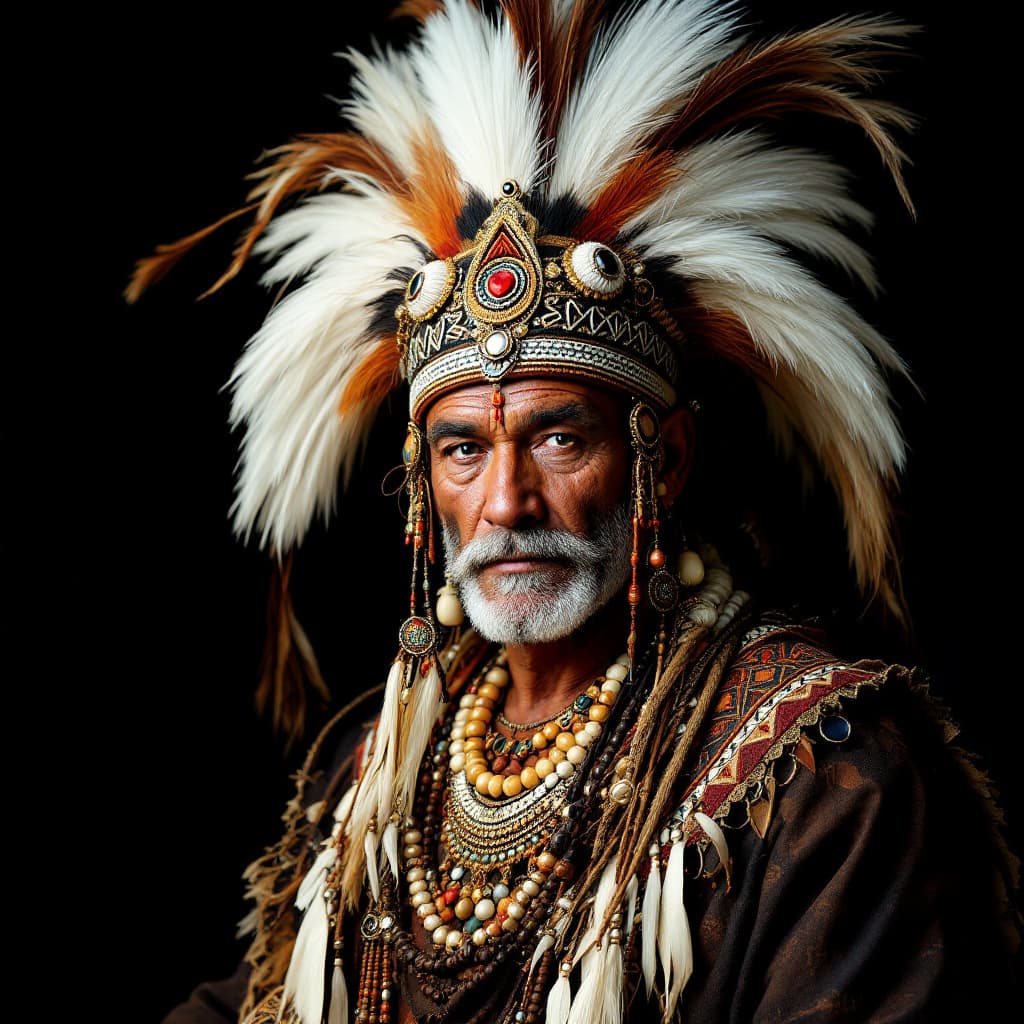 AI generated: Create an image of an Australian Indigenous man wearing a ceremonial outfit in the style of a commis...