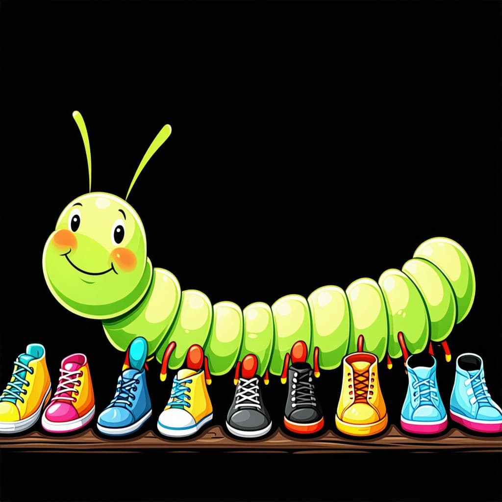 AI generated: A caterpillar that’s late for an event because he cannot find all his shoes.
lots of shoes 