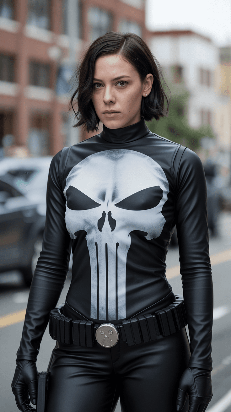 AI generated: female dressed as Punisher, (((full body visible))), short black hair, looking at viewer, portrait, ...