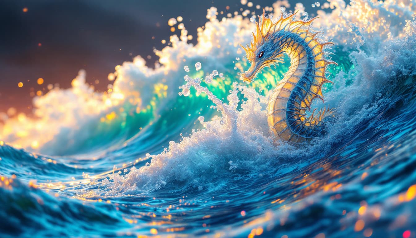 AI generated:    abstraction  giants,    sea horses made of water .with sea foam,riding and blending with the wave...