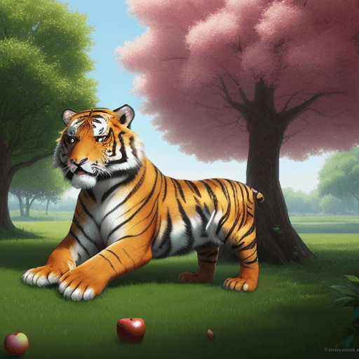 AI generated: digital art of a beautiful tiger pokemon under an apple tree, cartoon style,Matte Painting,Magic Rea...