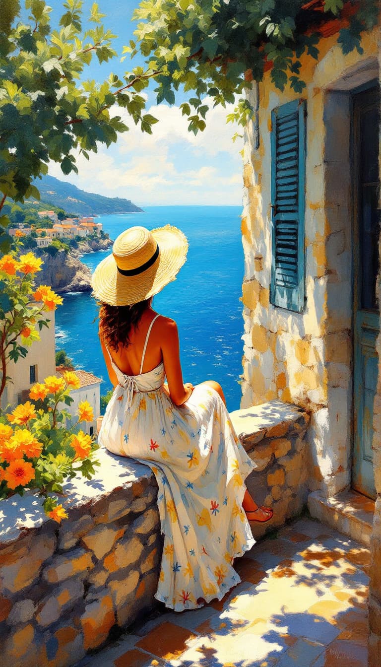 AI generated: Impressionist painting of a woman in a summer dress and straw hat sitting on the stone wall of an ol...