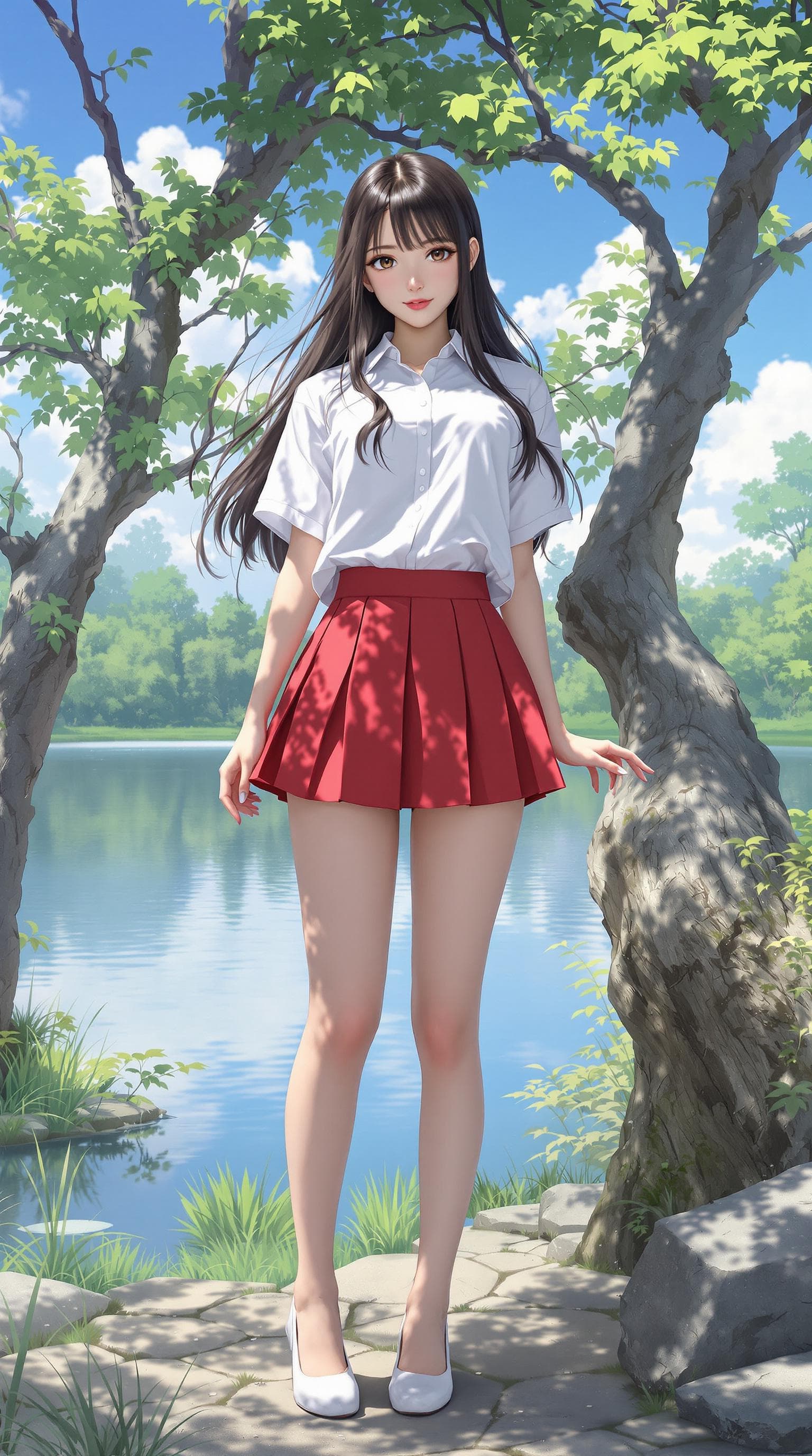 AI generated: beautiful photorealism, a girl, perfect anatomy, wearing a white short sleeves shirt, red pleated mi...