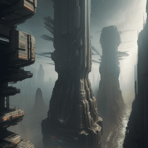 AI generated: sci-fi artwork reminiscent of classic cyberpunk themes, focusing on the immense scale and intricate ...