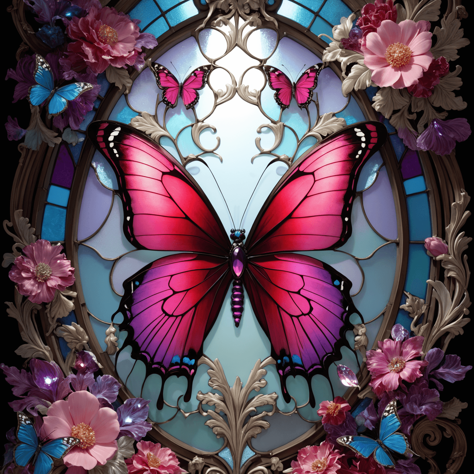 AI generated: pattern art, official art,pastel background, transparent glass, butterfly, ruby, colorful flowers, (...
