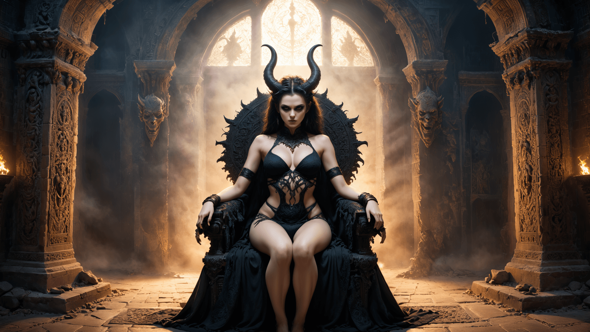 AI generated: Visually striking and terrifying image of a infernal horned demoness with a fierce and commanding pr...