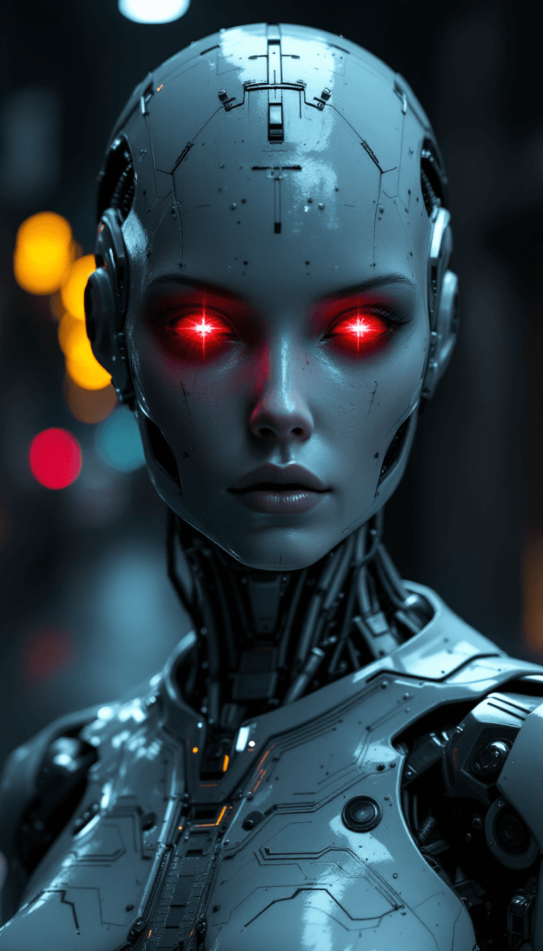 AI generated: Humanoid Robot with Laser Optics: A gritty digital photograph of a humanoid robot with an androgynou...