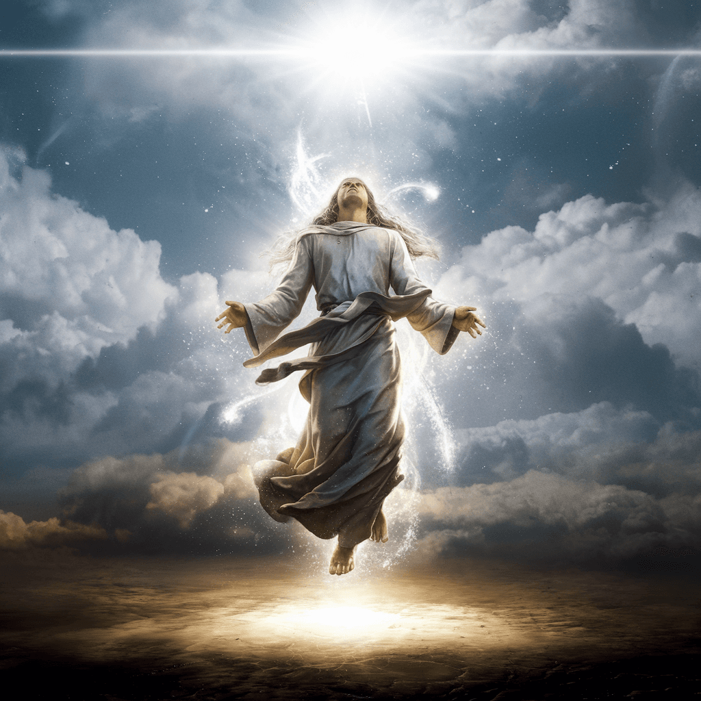AI generated: marvellous picture of a being ascending from light to heaven