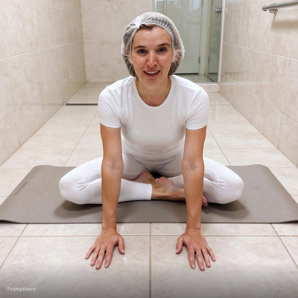 AI generated: yoga pose adasana on bathroom floor,  white spandex,