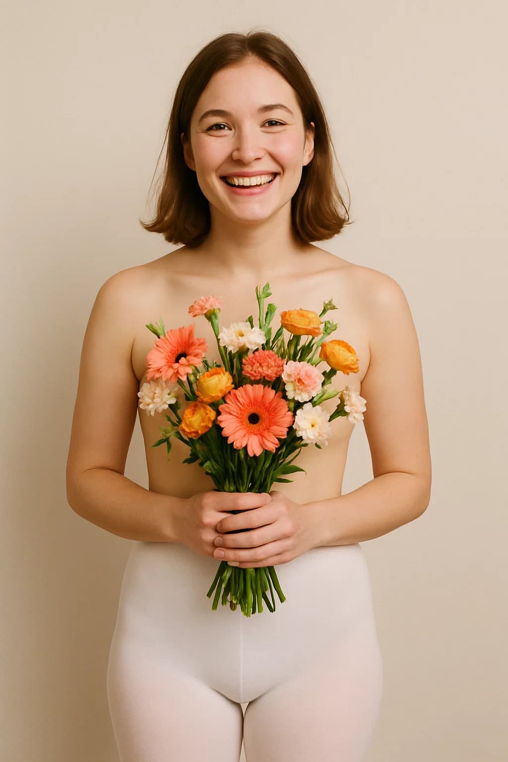 AI generated: A Person with a smiling face and only a bunch of flowers in her hand infront of her chest. white tig...