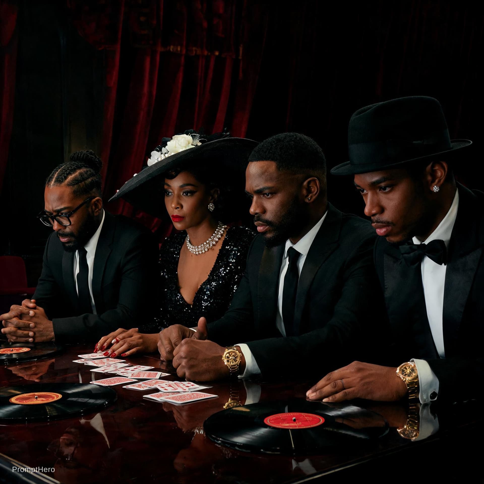 AI generated: Cinematic dramatic portrait of four elegant Black adults playing cards at a polished dark wooden tab...