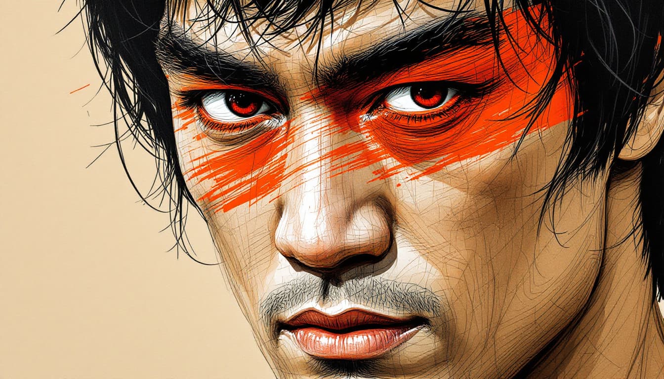 AI generated: a drawing of Bruce Lee face with a red eyeshadow, in the style of bold colorful lines, dark beige an...