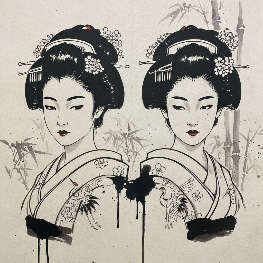 AI generated: Japanese ink portrait of 2 Geisha faces --chaos 75 --ar 1:2 --style raw --profile rsy6uq9 --stylize ...