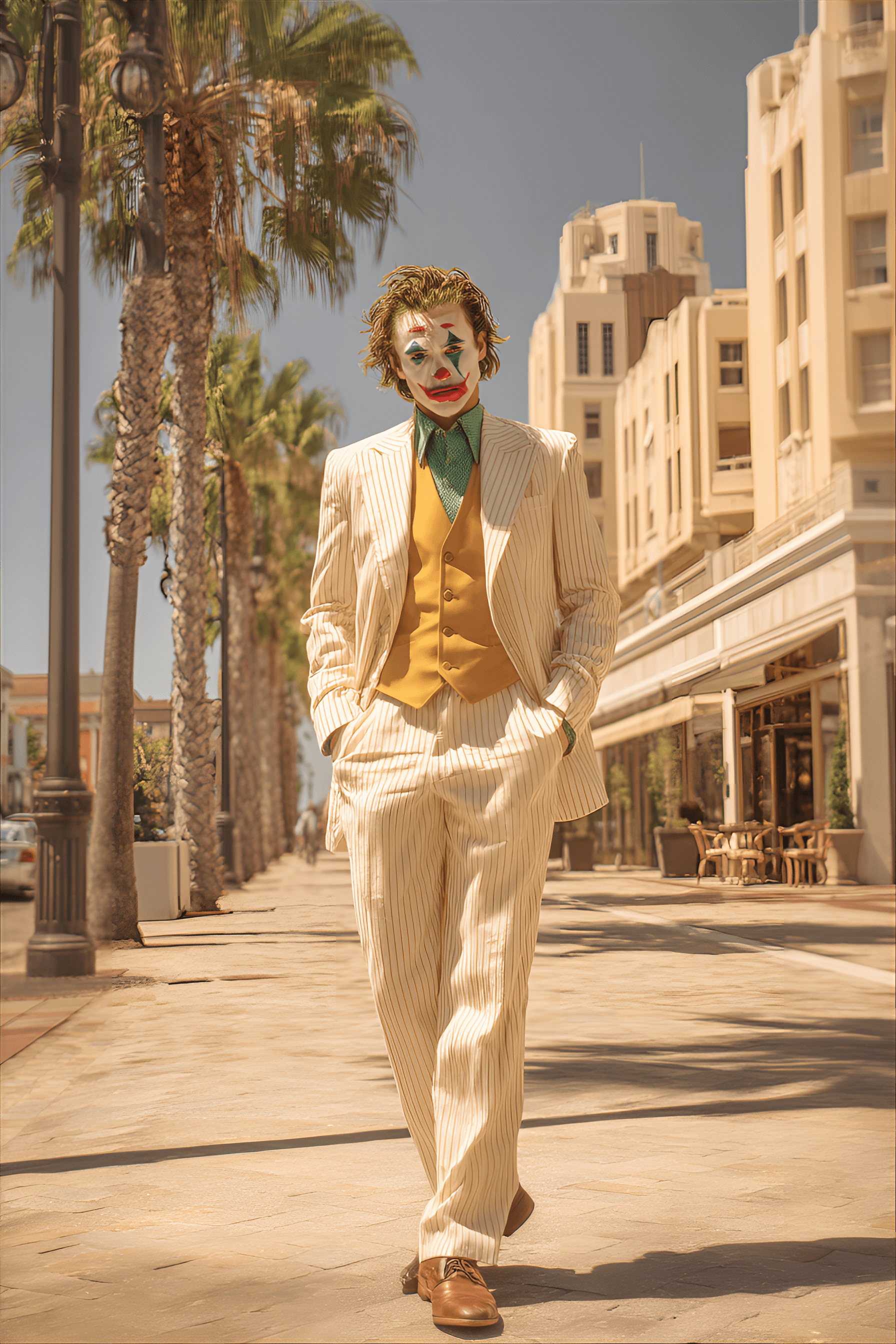 AI generated: Caucasian man, mid-20s, in a cream-colored, tailored suit, vibrant Joker makeup, standing in an urba...