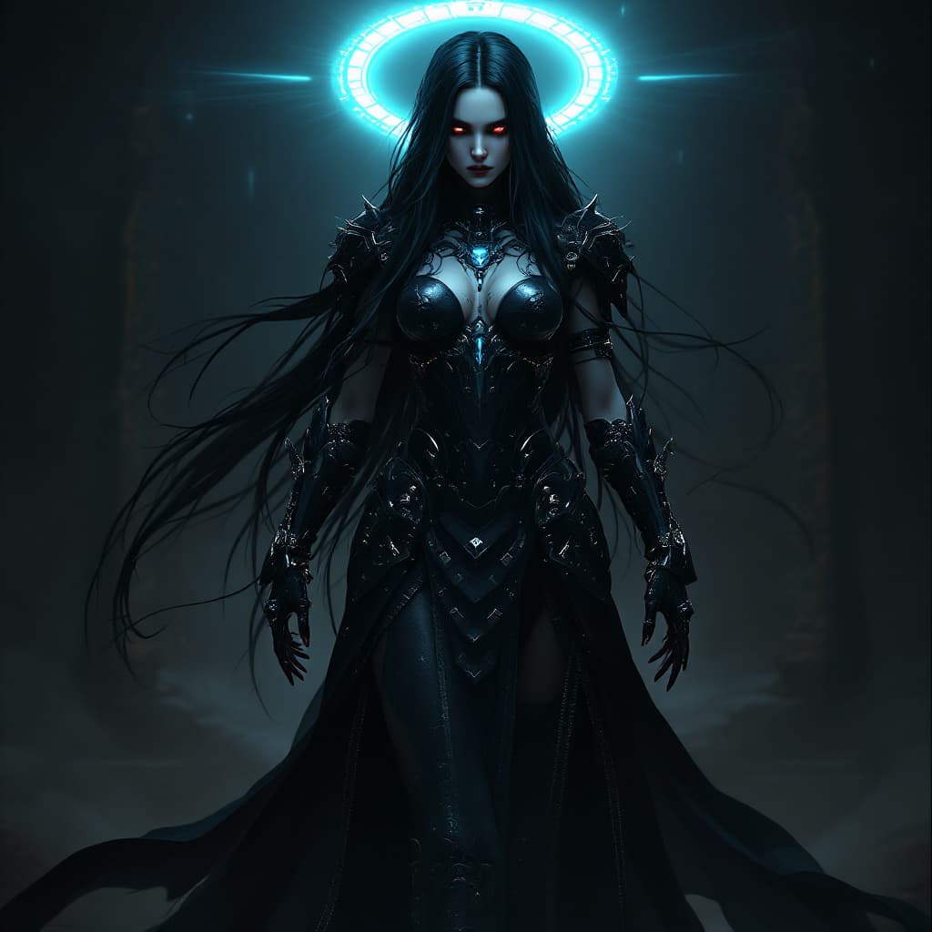 AI generated: (hero view:1.5), Gothic style Gothic style 1woman, (full body view) , mechanical battle harden warri...