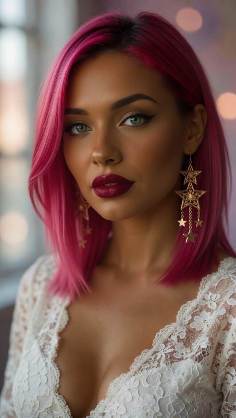AI generated: stunning close-up portrait of a beautiful young woman with a vibrant hot pink bob haircut with subtl...