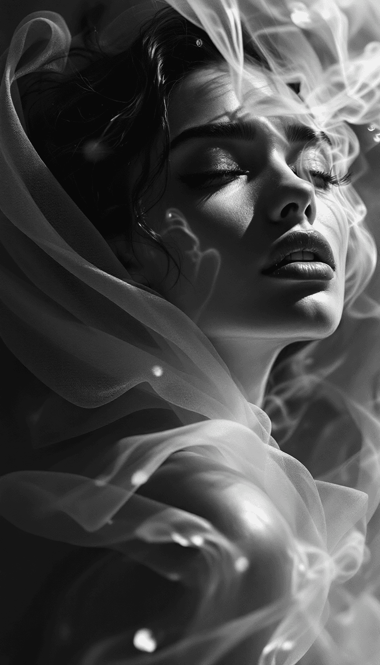 AI generated: neo-noir portrait study, silver halide gradients, dramatic shadow cascades, smoke-like fabric flows,...