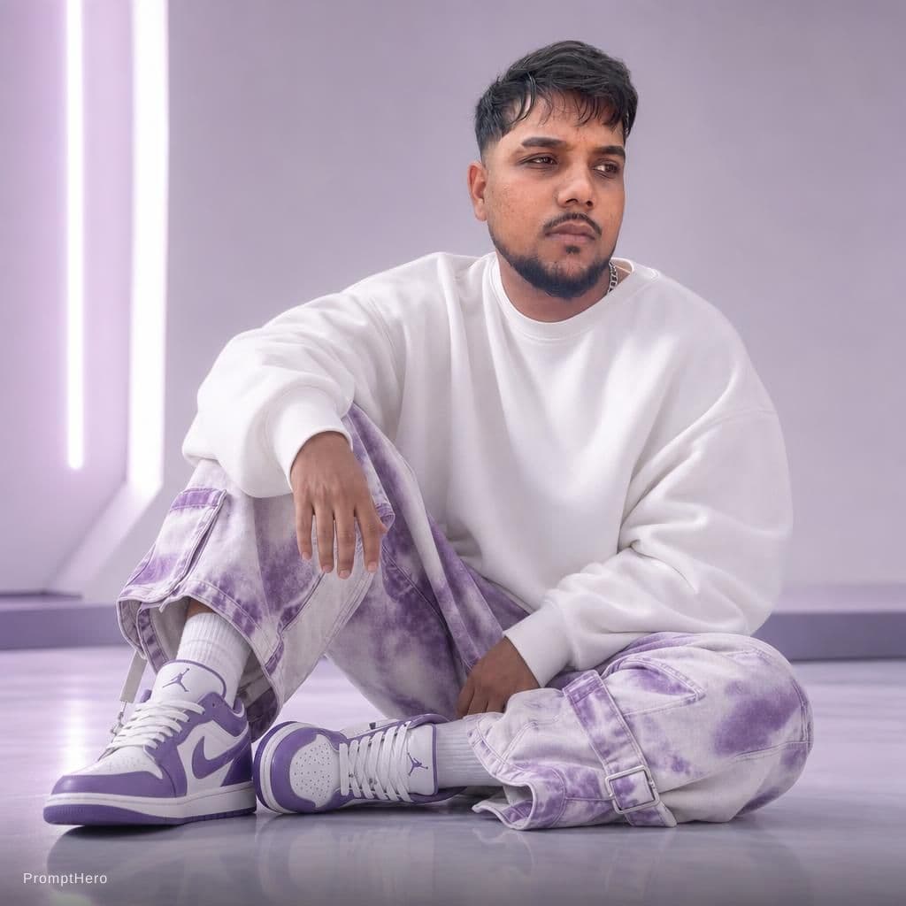 AI generated: Oversized white sweatshirt, white purple oversized combat jean, styled with footwear: white purple n...