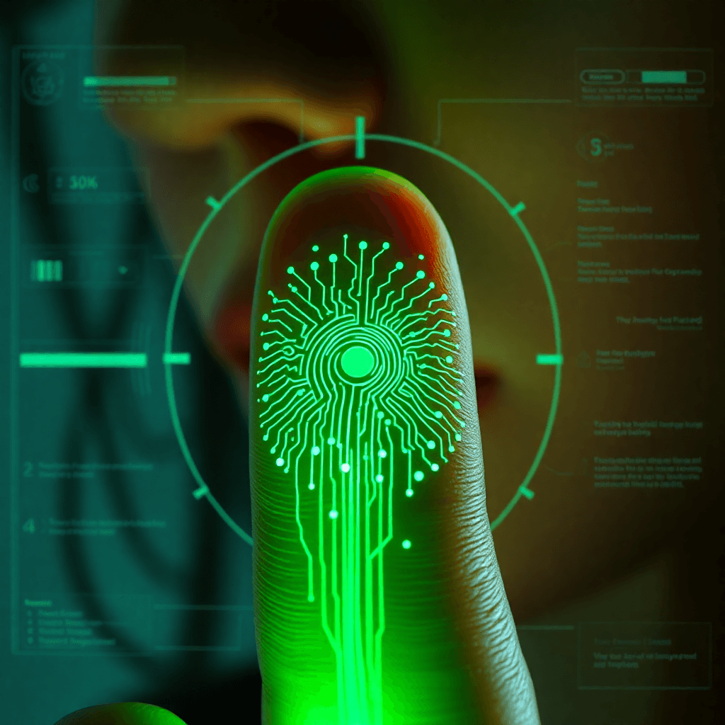 AI generated: Goth hacker woman face closeup. A hyper-detailed, futuristic close-up of a human fingertip illuminat...