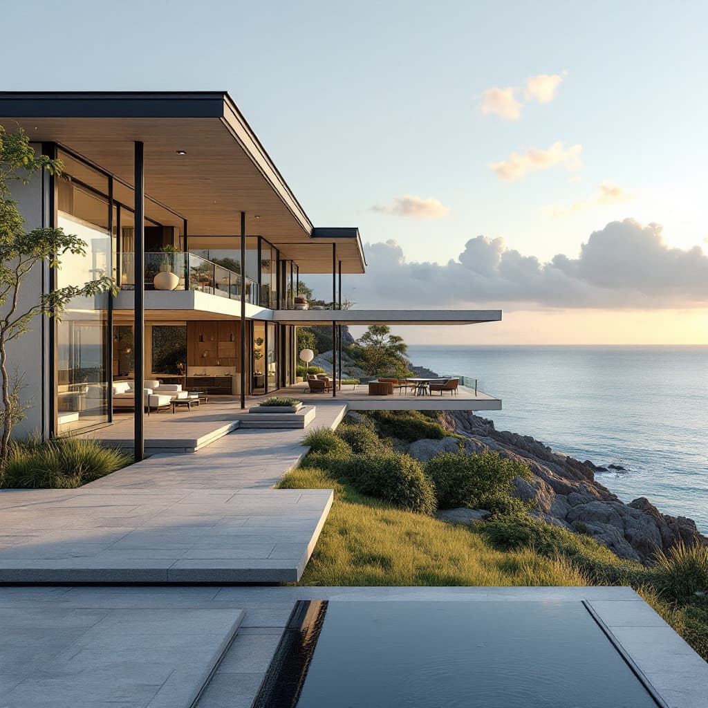 AI generated: Hyper realistic eye level exterior photo of a mid century modern style house overlooking the ocean, ...