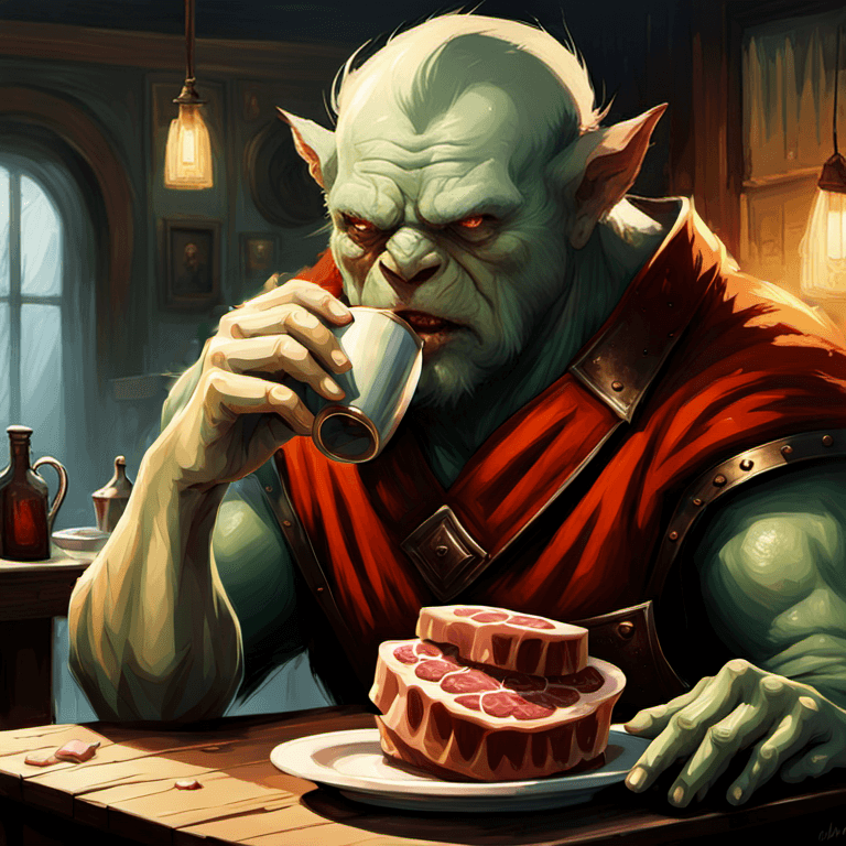 AI generated: an orc in a tavern drinking from a mug, soft lighting, by craig mullins, by stanley artgerm lau, by ...