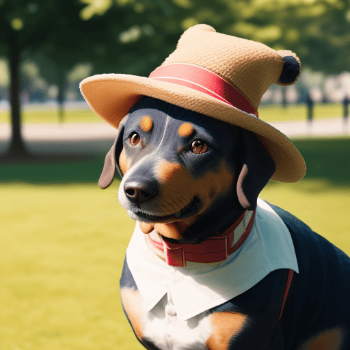 AI generated: A dog in hat in the park on sunny day camera 55mm blured background 21 century happy photo