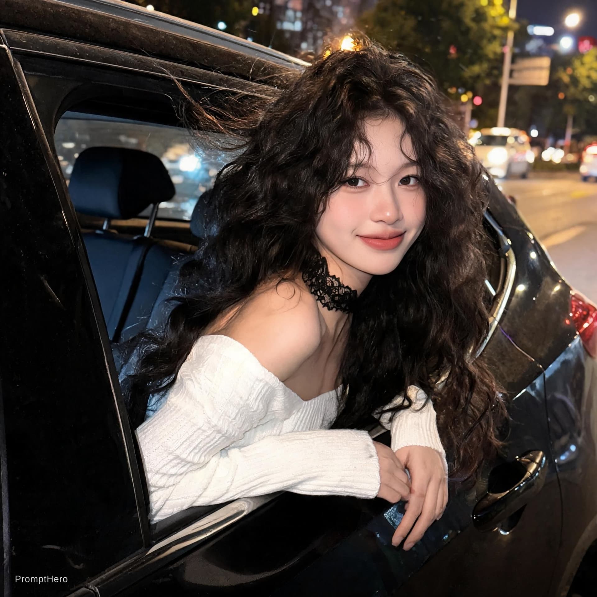 AI generated: Candid nighttime iPhone-style photo of a young woman leaning out of a car window on a city street at...